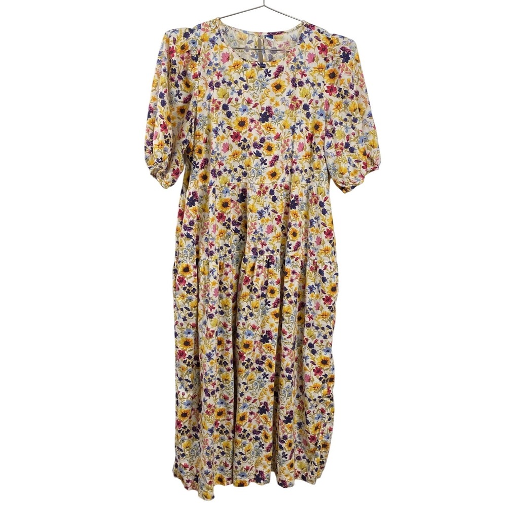 Old Navy Yellow Floral Midi Dress with Pink & Purple Accents